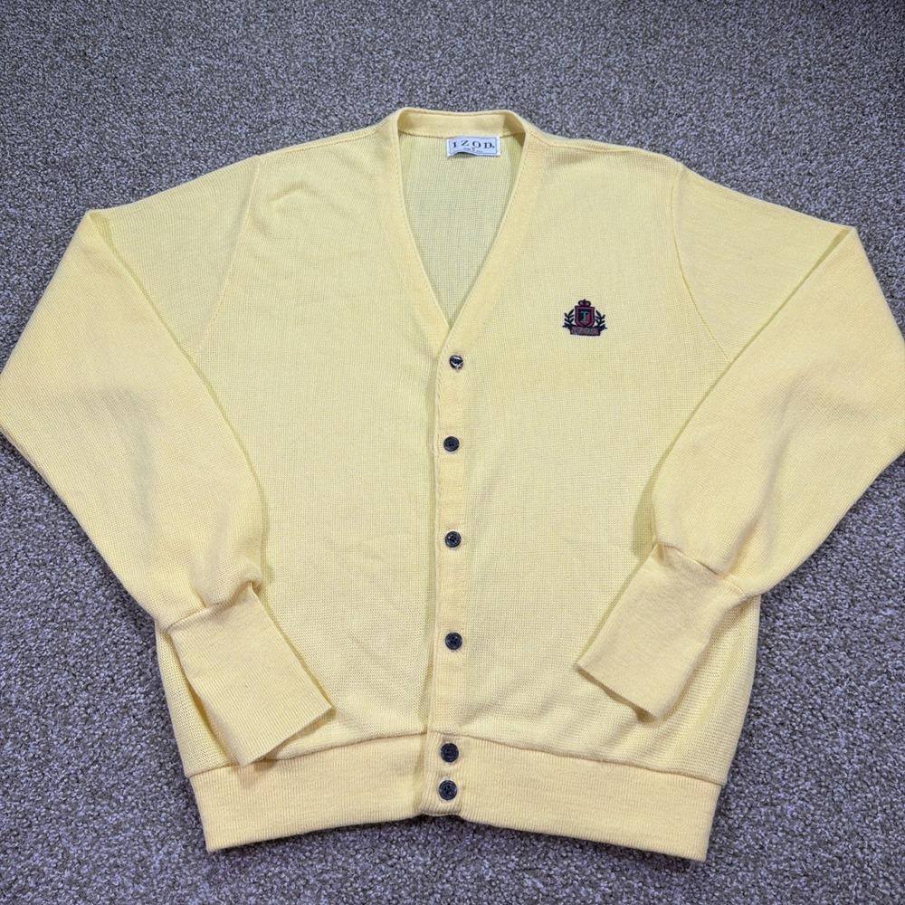 IZOD Men's Vtg Knit Cardigan Sweater M Logo Yellow USA Preppy Grandpa Collegiate